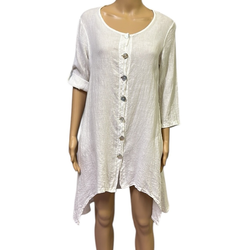 Linen Italy White Asymmetrical Hem Button Front Roll Tab Sleeve Tunic Top Small